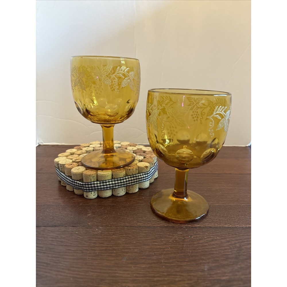 VTG Set 2 MCM Bartlett Collins Amber Thumbprint Goblets, Etched Grape Pattern